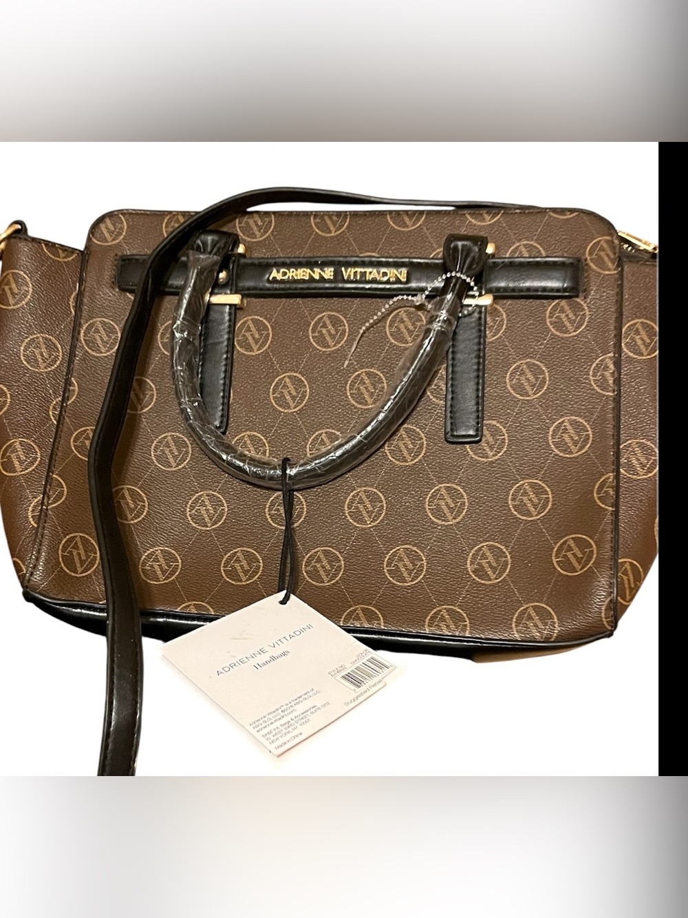 Adrienne Vittadini Brown Monogram Satchel with Black Trim NWT
